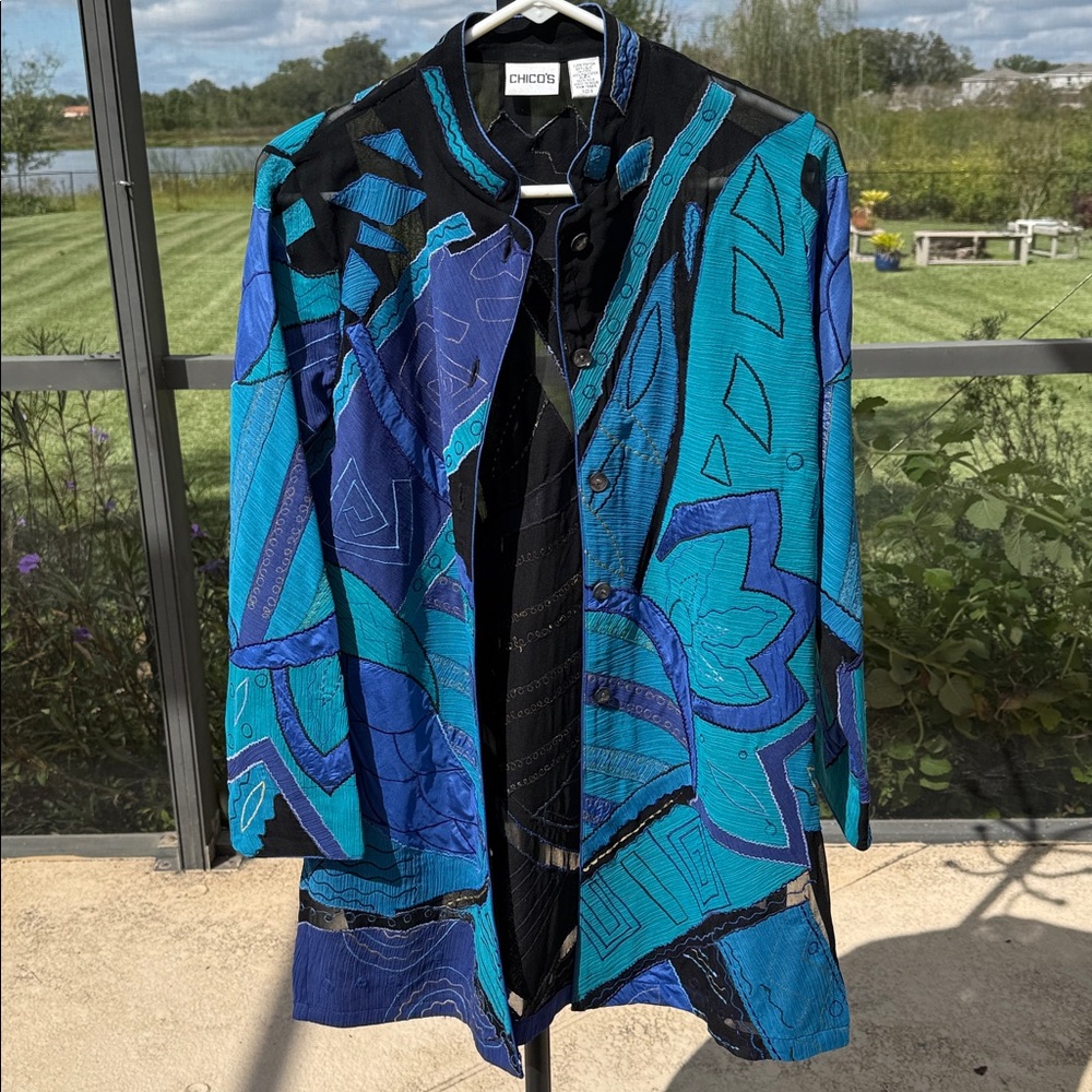 Chico's sz 0 lightweight patchwork Embroidered Silk Jacket NWOT